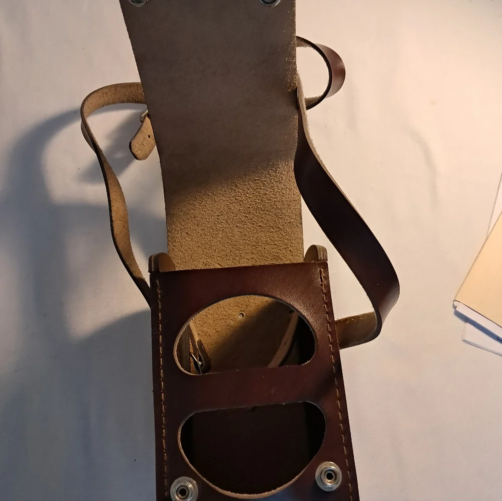 Vintage Leather Camera Case, long strap, brown, buckle straps inside, 4
